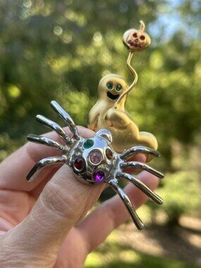 ALFRED SUNG Gold Ghost & Silver Spider Rhinestone BROOCHES - 2 LOT